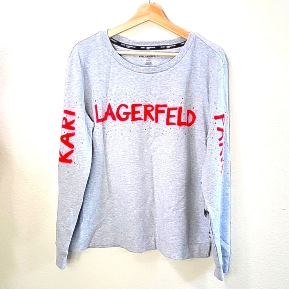 NWT KARL LAGERFELD PARIS GRAY SWEATER RED WRITING SILVER STUDS